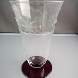 Vintage Art Deco etched glass vase red base